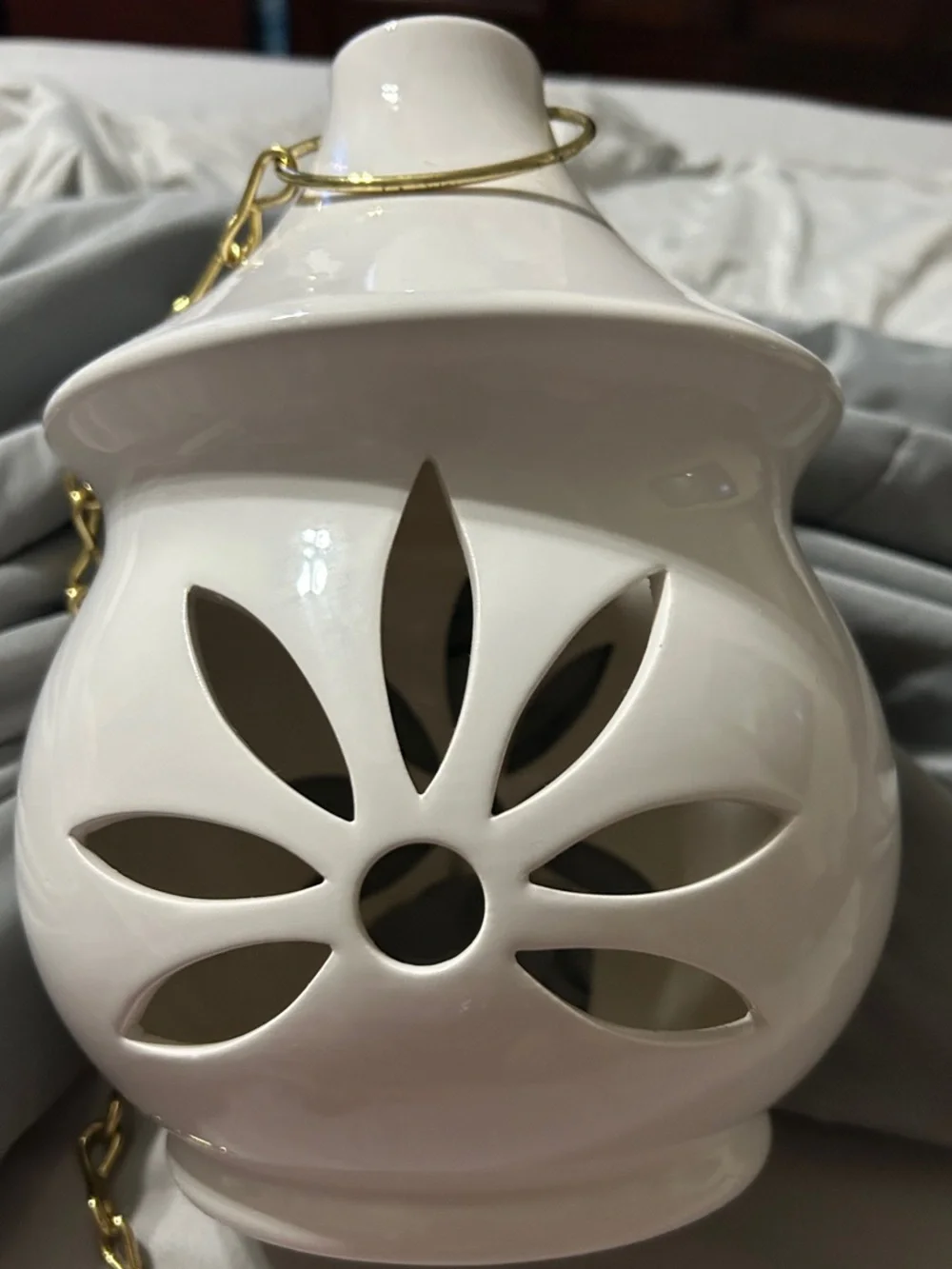 PartyLite White Ceramic Lantern with Gold Hanging Chain